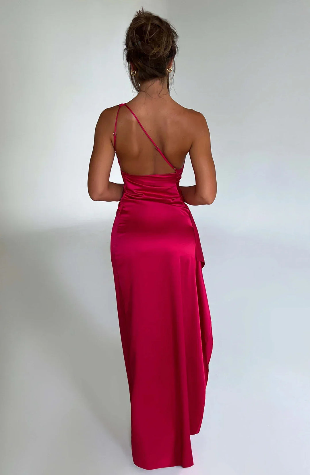 one-shoulder pleated satin dress