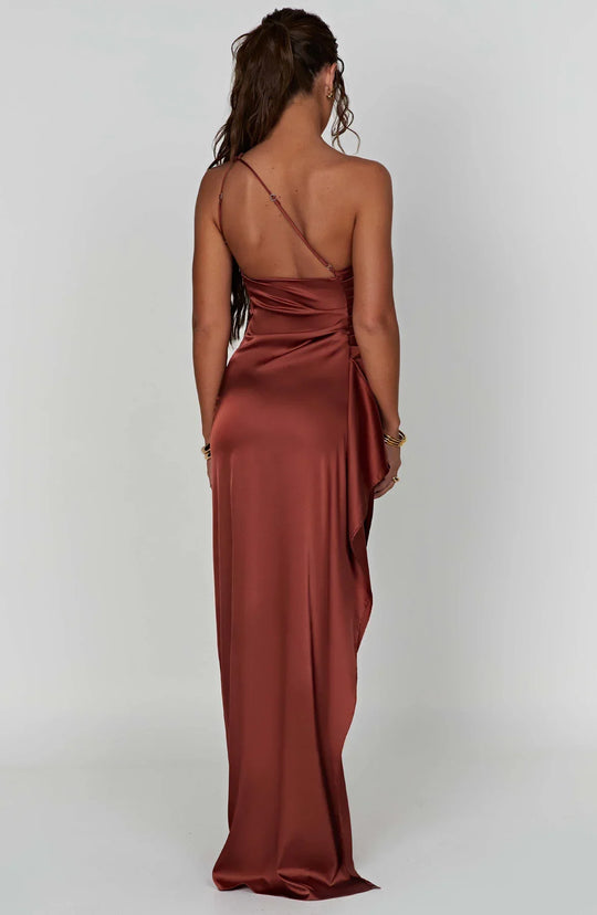 one-shoulder pleated satin dress