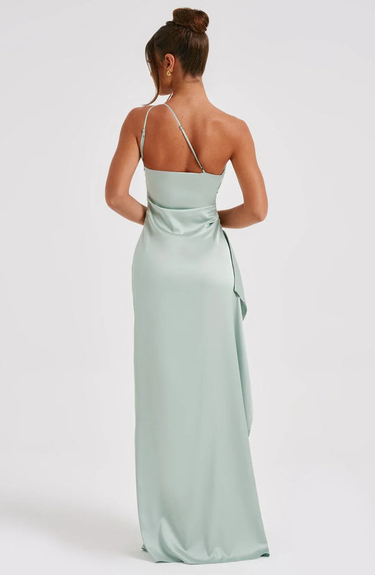 one-shoulder pleated satin dress