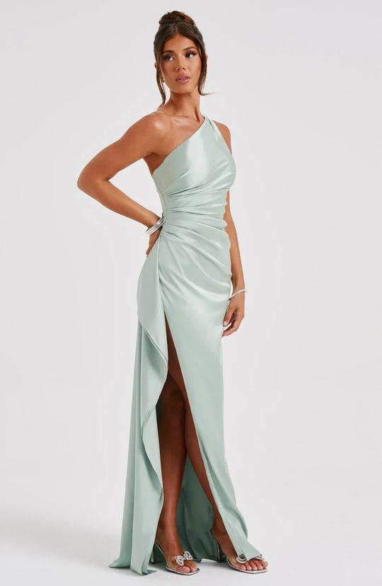 one-shoulder pleated satin dress