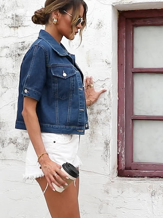 Solid Color Cropped Denim Jacket for Women