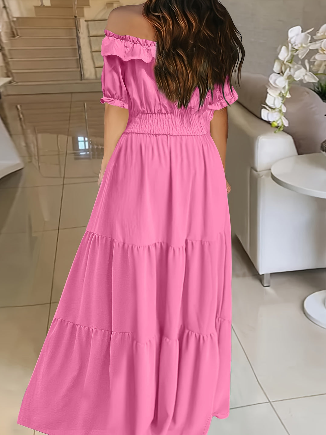 Elegant off-the-shoulder maxi dress with ruffle trim