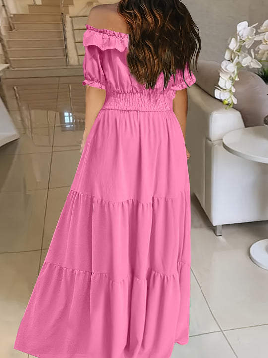 Elegant off-the-shoulder maxi dress with ruffle trim