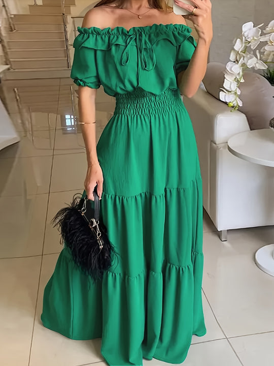 Elegant off-the-shoulder maxi dress with ruffle trim