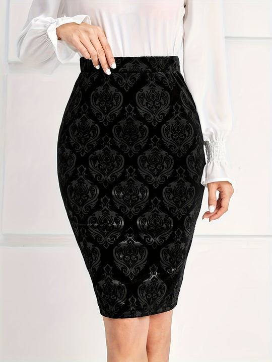 Plus Size Damask Print Pencil Skirt