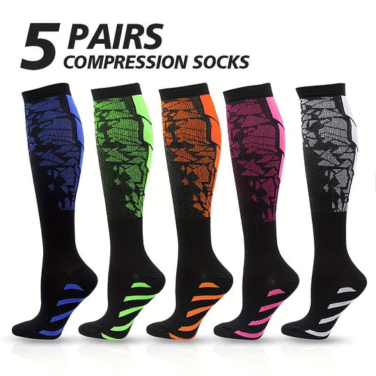 5 pairs of color blocking compression sports socks