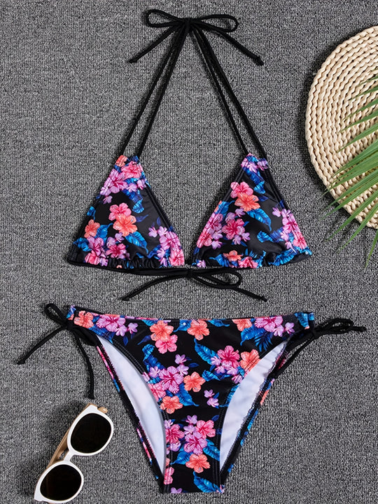 Bedrucktes Bikini-Set mit Halfter und Rückenschnürung