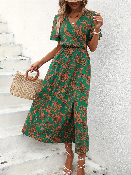 Elegant V-neck dress with floral pattern in A-line