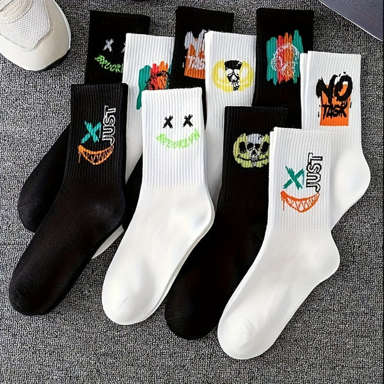 Men's Trendy Cartoon Graffiti Pattern Crew Socks (3/5/10 Pairs)