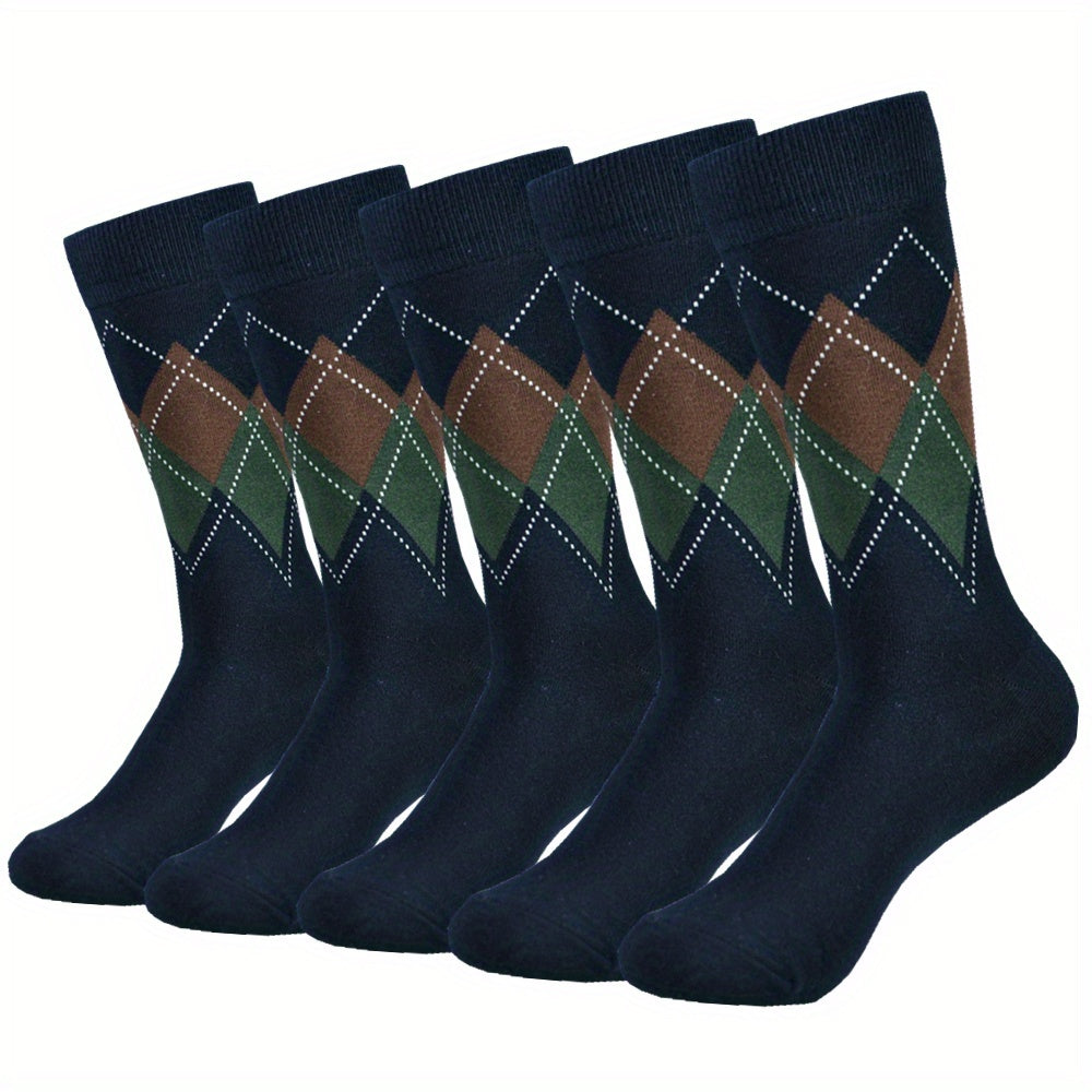 Colorblock Rhombus Crew Socks for Men (5 Pairs)