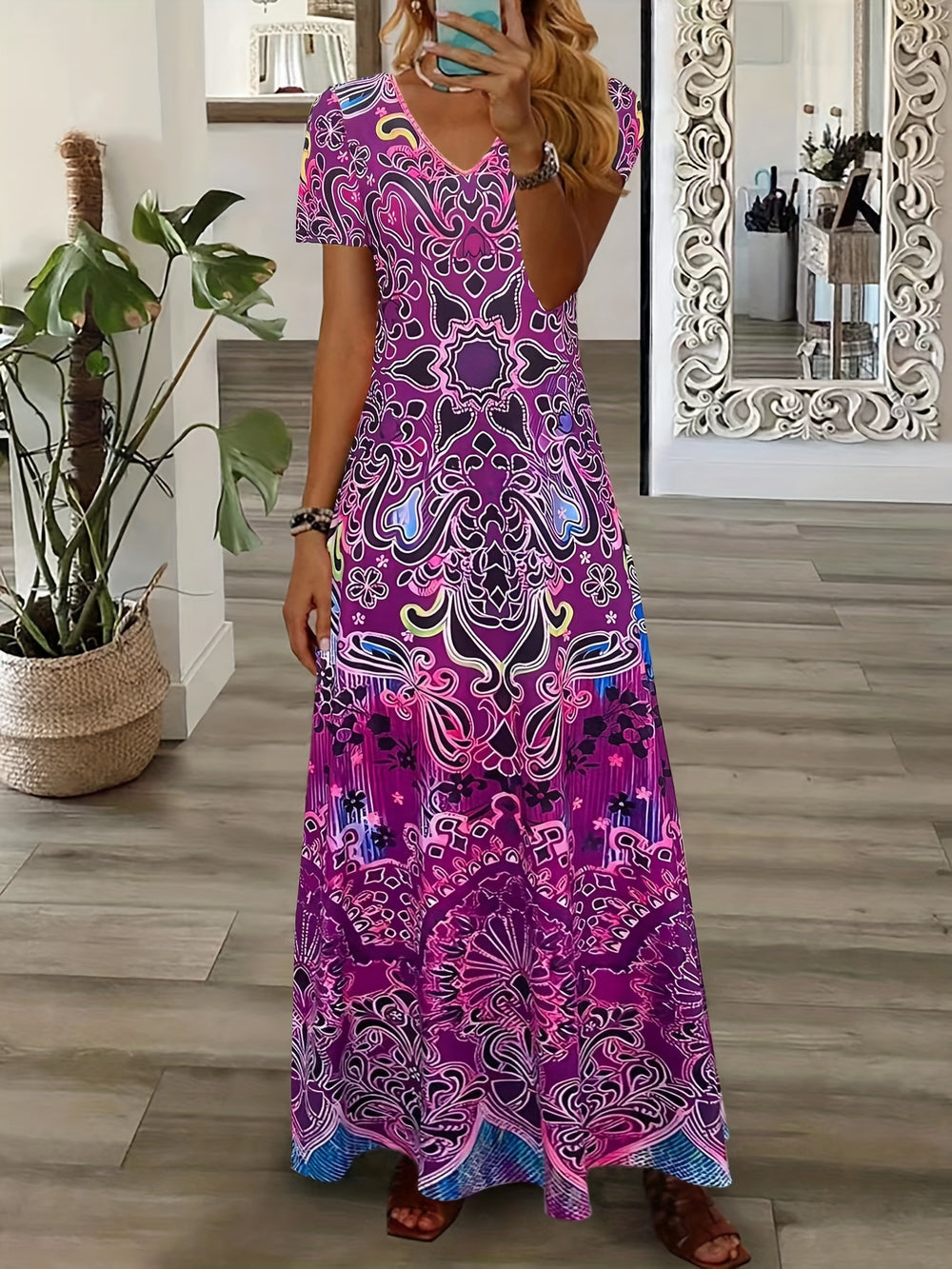 Ethnic Boho Floral Print Maxi Dress