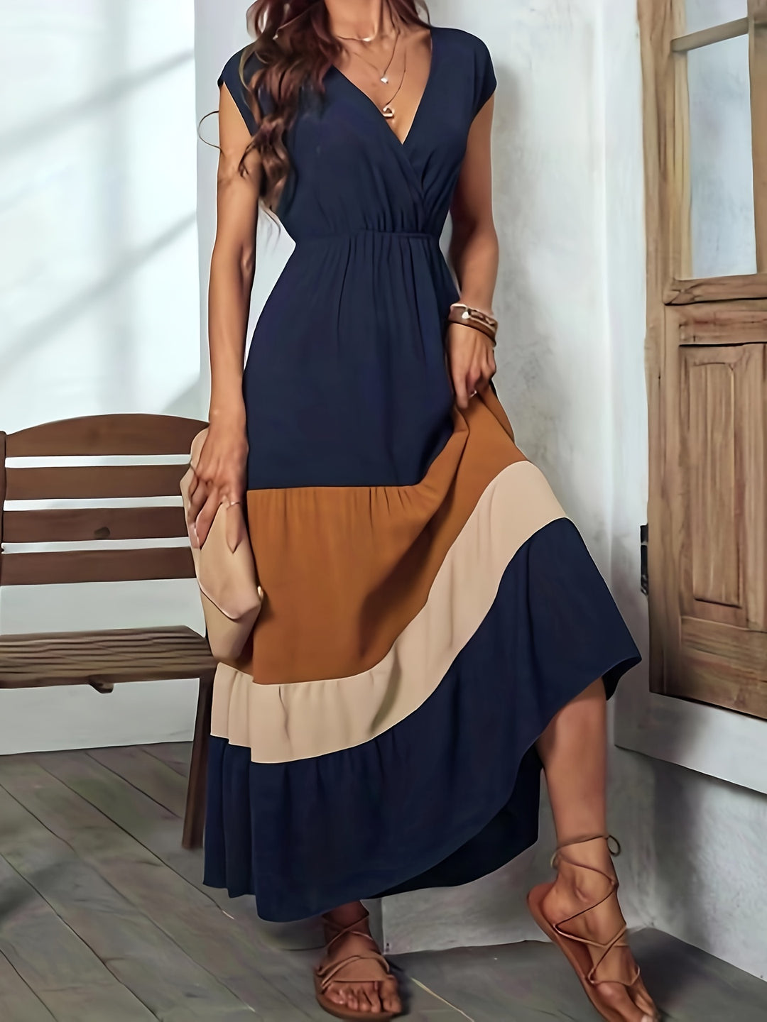 Elegant color block maxi dress with wrap neckline