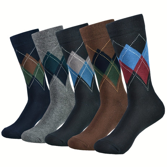 Colorblock Rhombus Crew Socks for Men (5 Pairs)