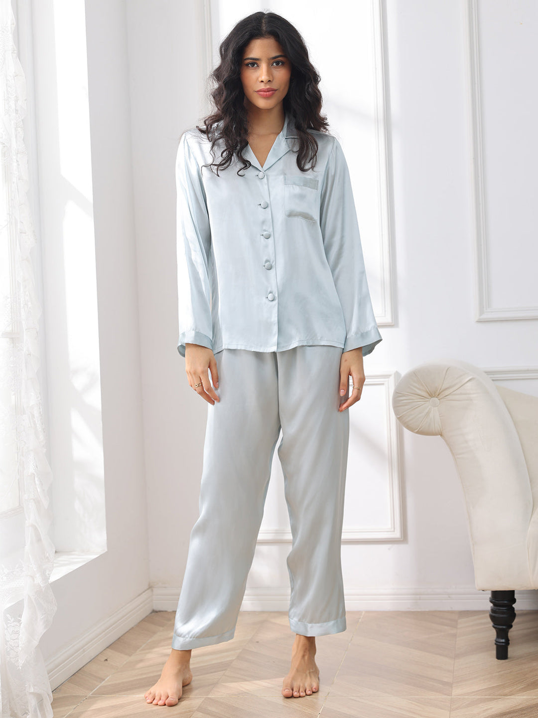 Luxurious pure silk pajama set with buttons