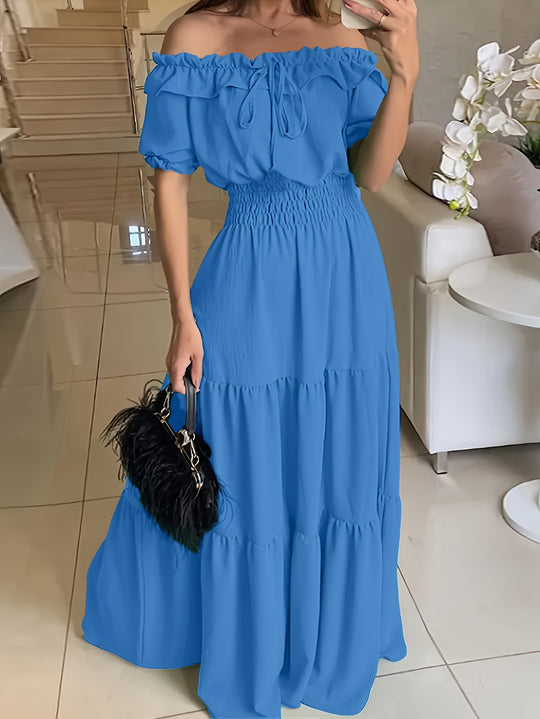 Elegant off-the-shoulder maxi dress with ruffle trim