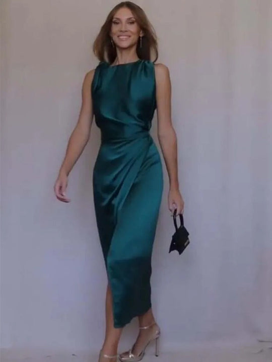 Green Satin Ruffle Dress for Women