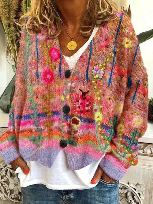 Hand-knitted cardigan with floral detail for women