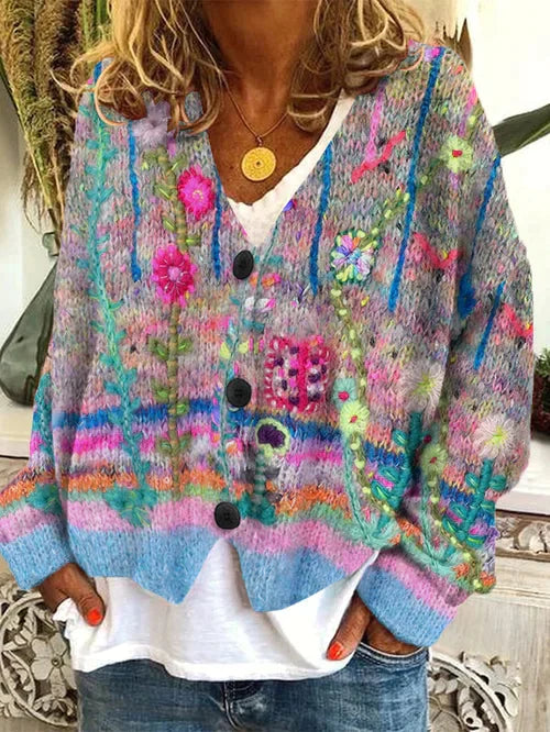 Hand-knitted cardigan with floral detail for women