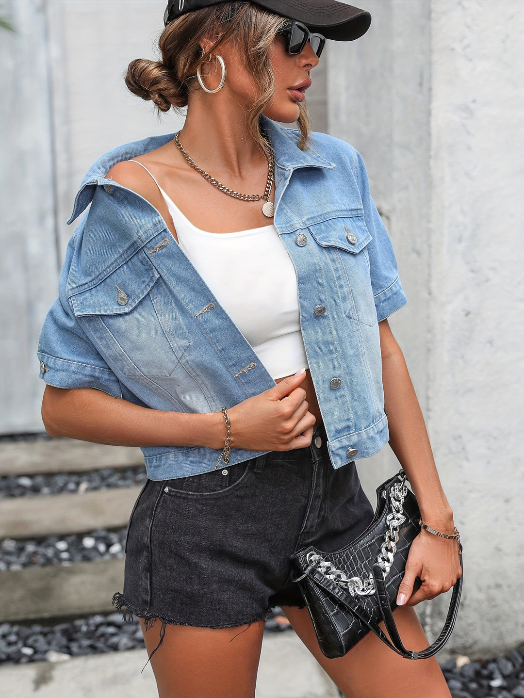 Solid Color Cropped Denim Jacket for Women