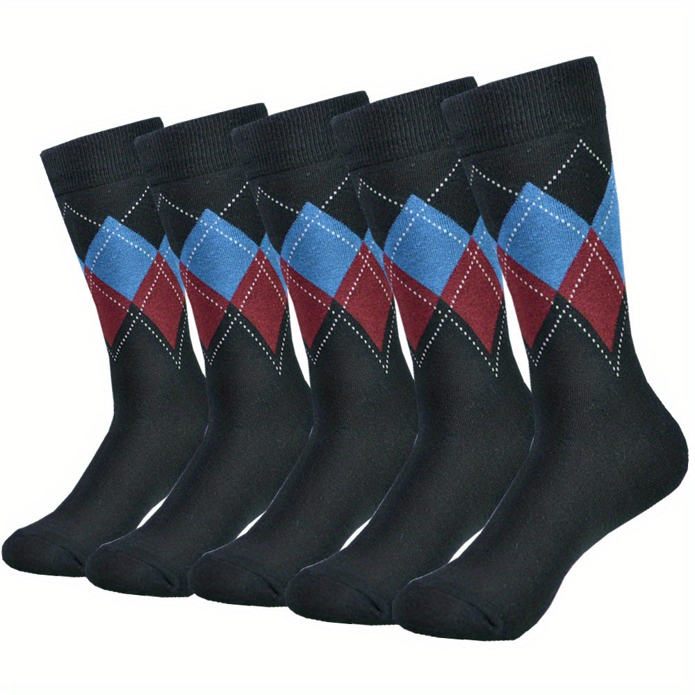 Colorblock Rhombus Crew Socks for Men (5 Pairs)