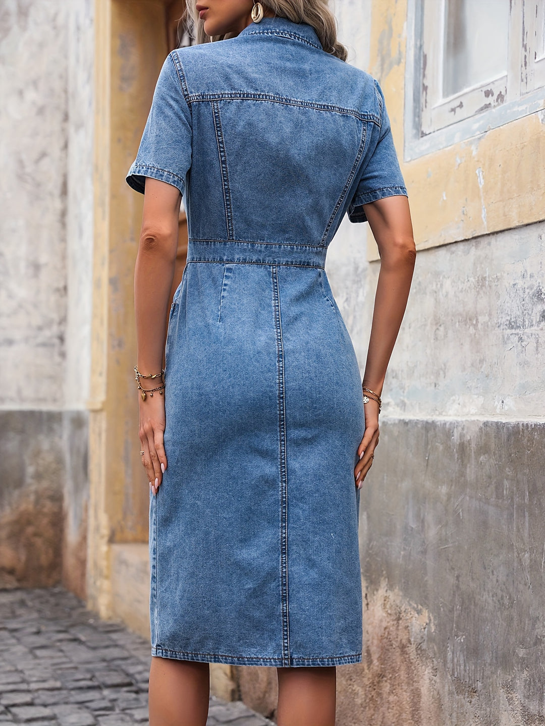 Casual Solid Color Mid-Length Denim Dress