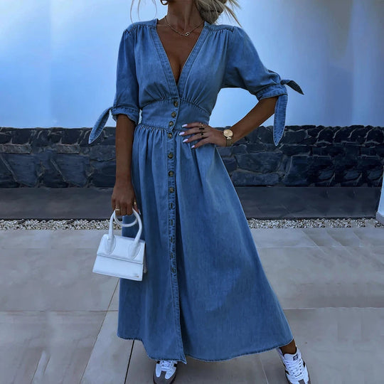 Long denim dress with button placket