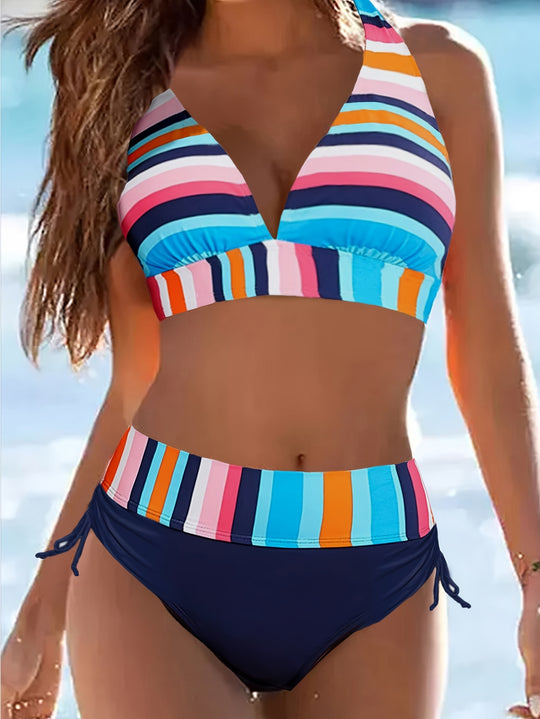 Bunt gestreiftes Bikini-Set mit Kordelzug