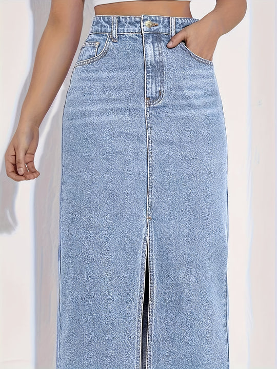 Women's Denim Midi Skirt with Split Front