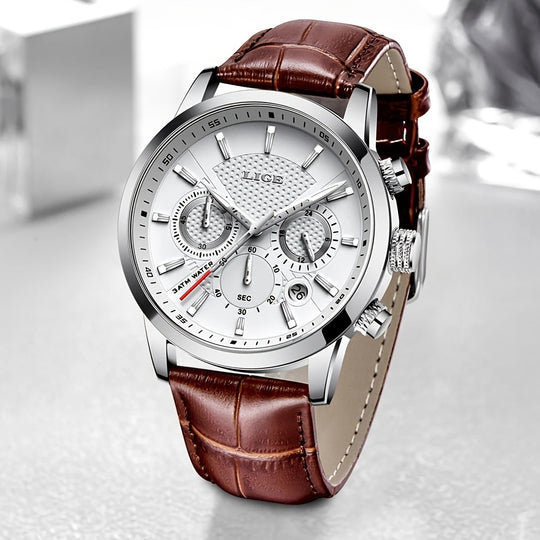 Luxury Leather Watch with Quartz Chronograph for Men