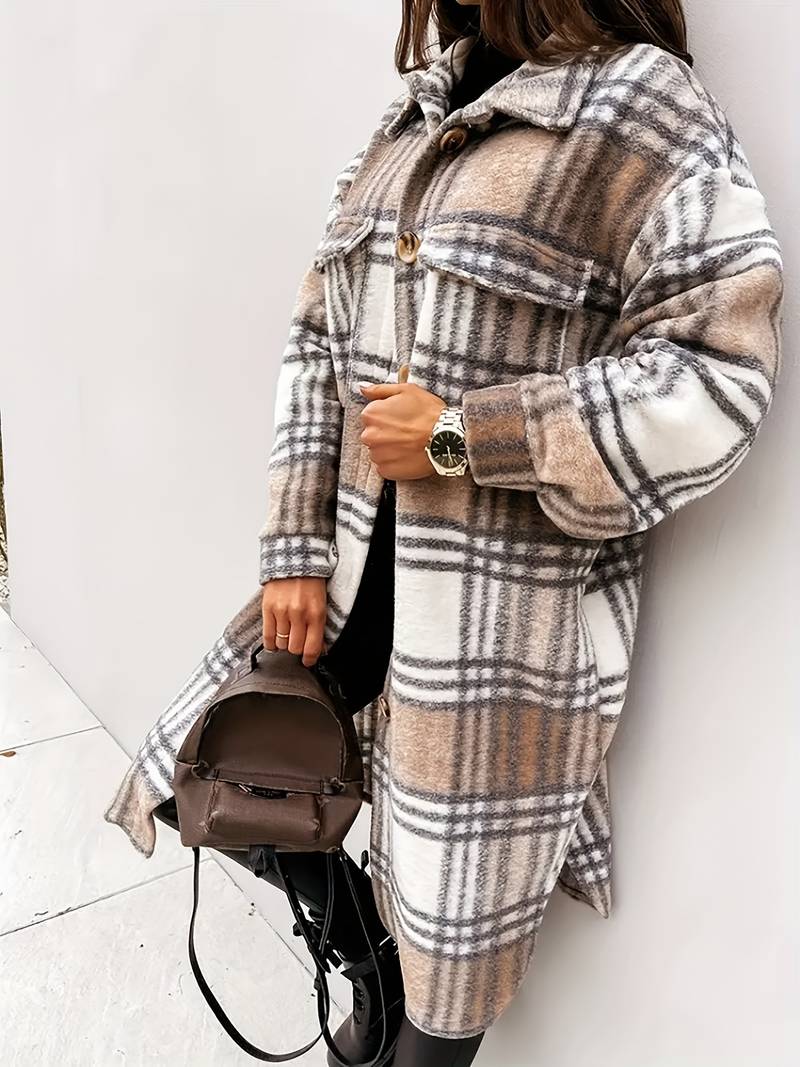 Trendy Checkered Long Coat for Women