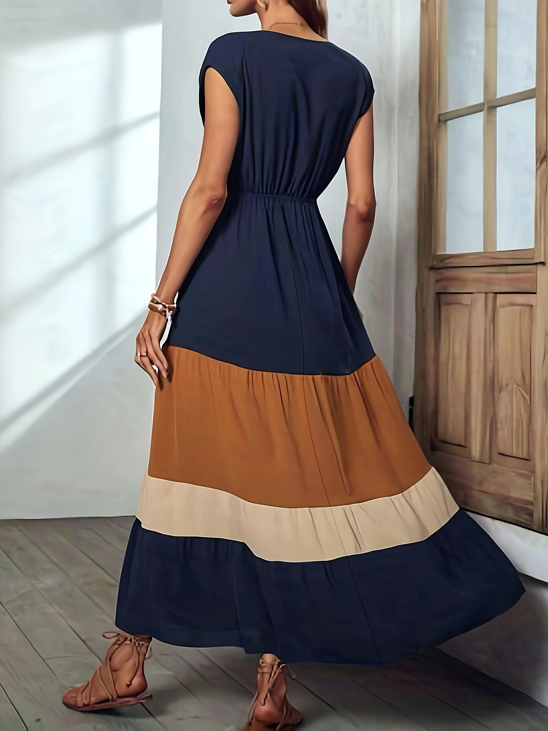 Elegant color block maxi dress with wrap neckline