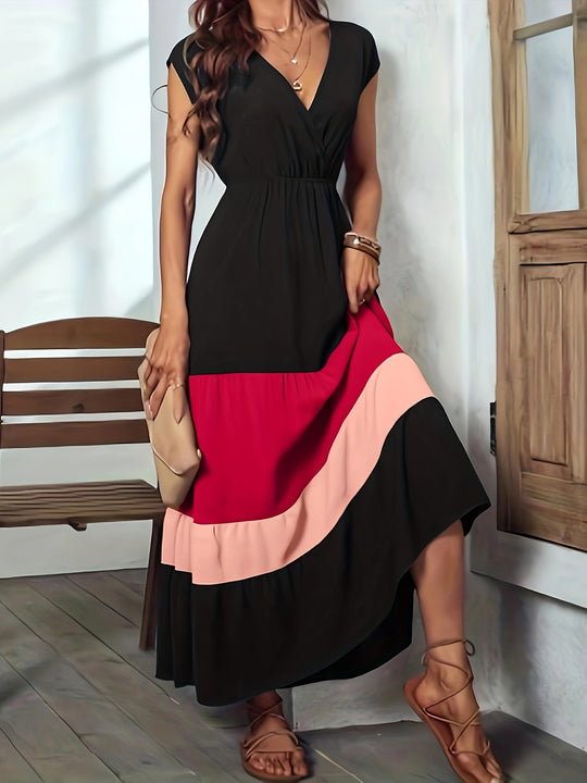 Elegant color block maxi dress with wrap neckline