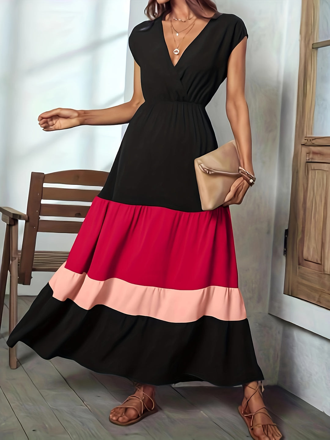 Elegant color block maxi dress with wrap neckline