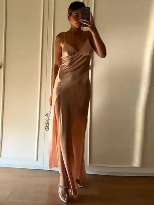 High-slit satin maxi dress with sling