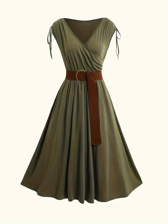 Elegant A-line dress with belt and ruffles