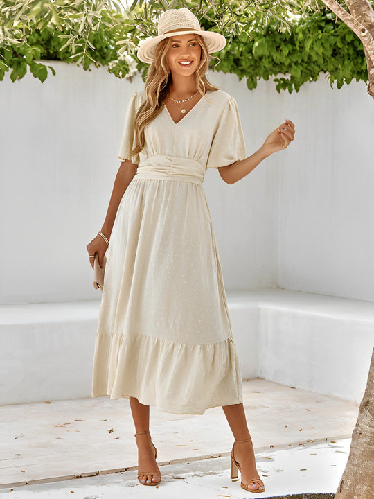 maxi dress with belt and wrap layers