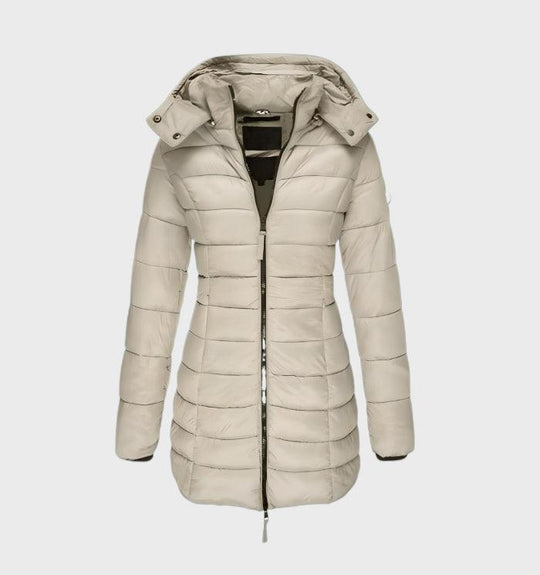 Long quilted coat with hood and zip for women