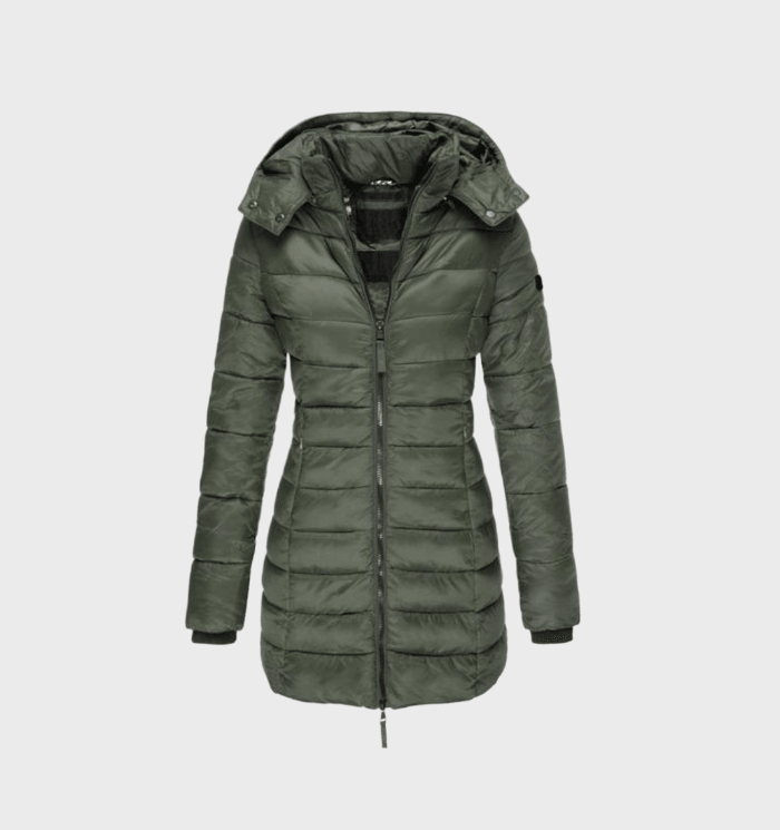 Long quilted coat with hood and zip for women