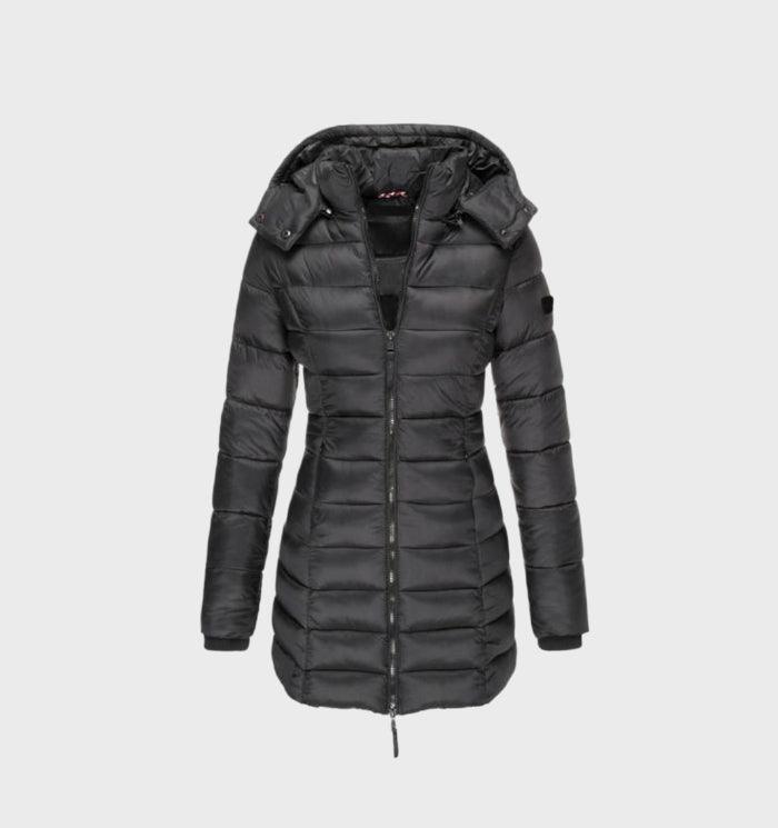 Long quilted coat with hood and zip for women