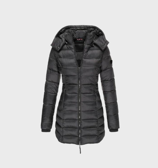 Long quilted coat with hood and zip for women