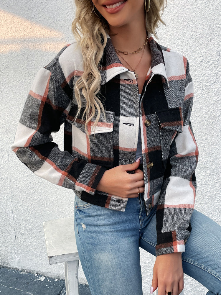 Plaid Jacket with Flap Pocket for Women