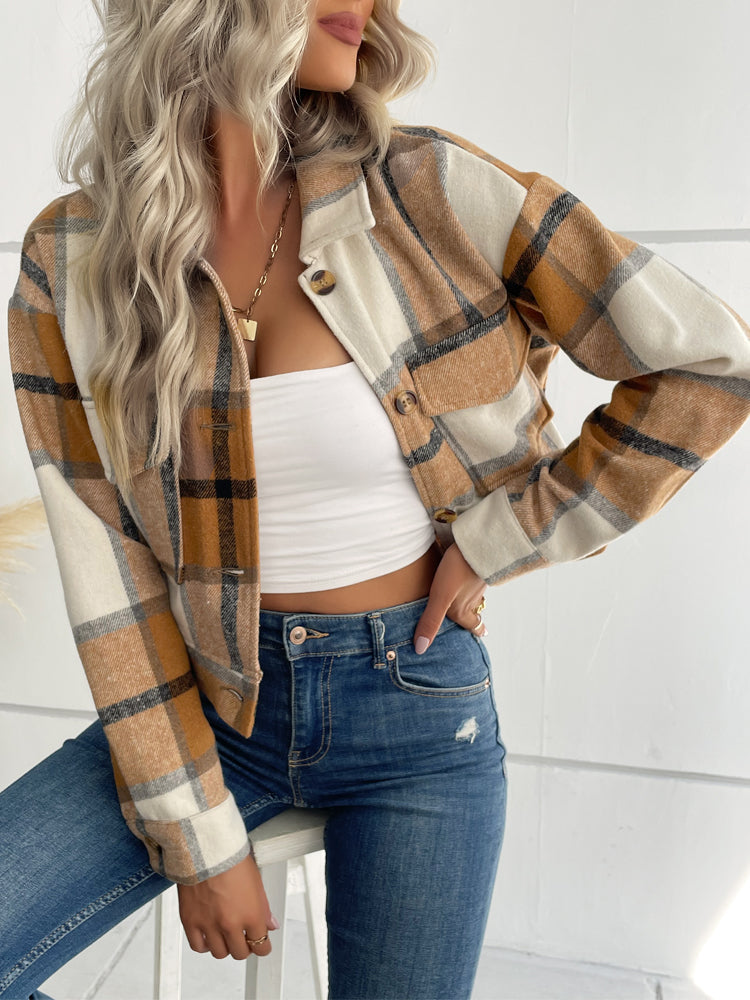 Plaid Jacket with Flap Pocket for Women