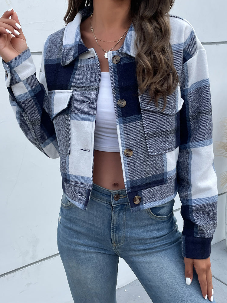 Plaid Jacket with Flap Pocket for Women