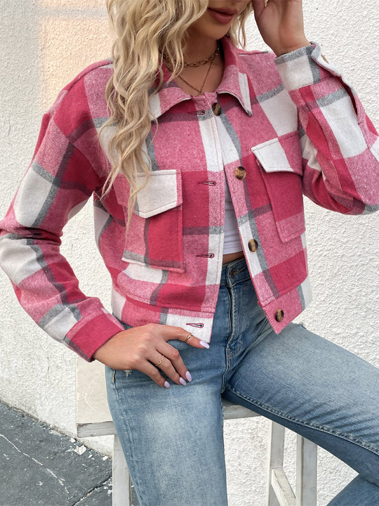 Plaid Jacket with Flap Pocket for Women